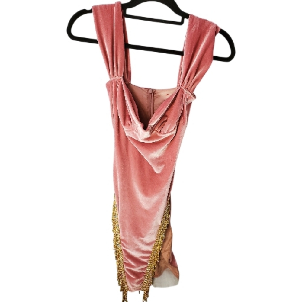 Elegant Pink Velvet Dress with Gold Accents Mesh Cutouts
